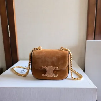 Celine Womens Mini Crossbody Bag - Tan Suede Leather, Gold-Tone Triomphe Logo Chain Strap, Luxury Compact Shoulder Bag for Fashion Enthusiasts #A56846