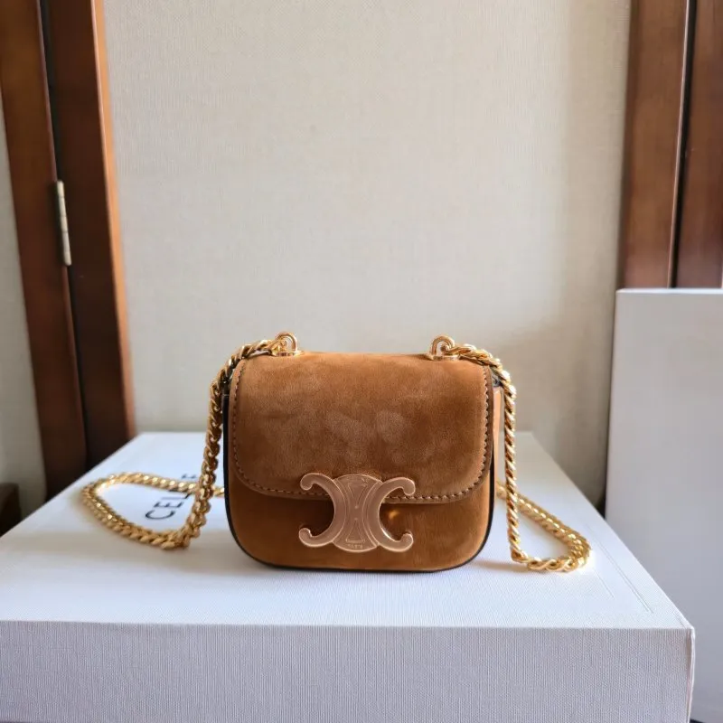 Celine Womens Mini Crossbody Bag - Tan Suede Leather, Gold-Tone Triomphe Logo Chain Strap, Luxury Compact Shoulder Bag for Fashion Enthusiasts #A56846