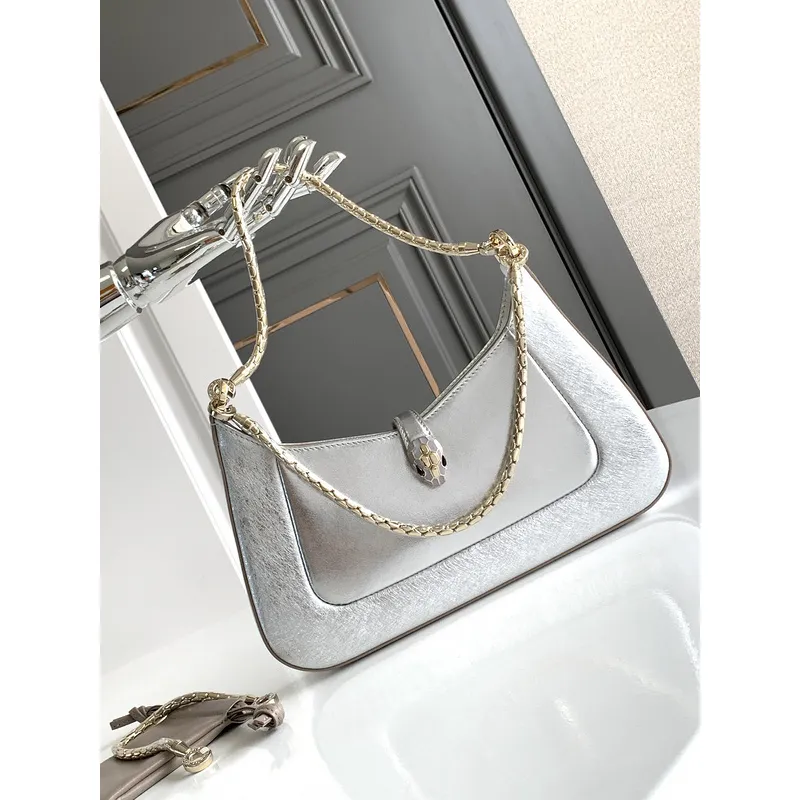 Bvlgari Serpenti Metallic Silver Handbag With Iconic Chain Strap #A51657
