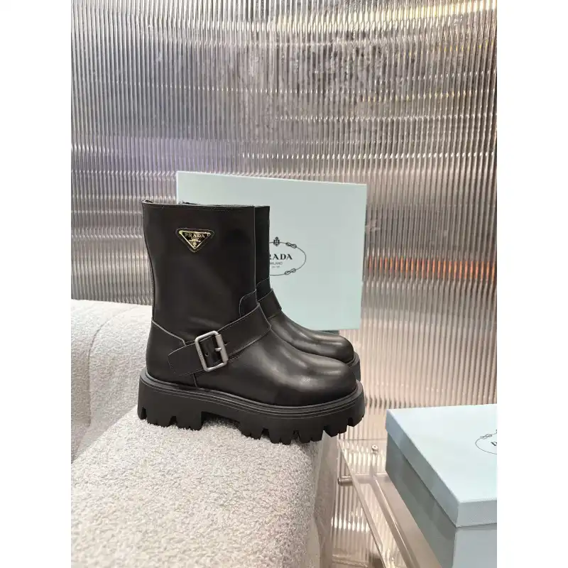 Prada Inspired Black Leather Biker Boots With Chunky Platform Sole #A54581