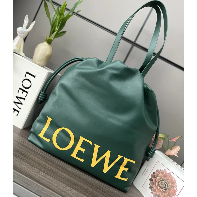 Loewe Green Leather Drawstring Tote Bag With Bold Branding For Chic Everyday Use #A50065