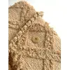 Chanel Womens Evening Bag - Beige Textured Fabric with Fringe Details, Gold-Tone CC Logo & Chain Strap, Luxury Clutch for Elegant Occasions #A56743