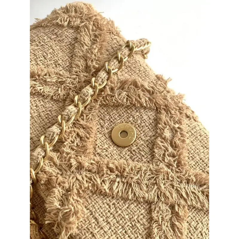 Chanel Womens Evening Bag - Beige Textured Fabric with Fringe Details, Gold-Tone CC Logo & Chain Strap, Luxury Clutch for Elegant Occasions #A56743