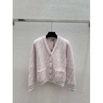 F*ndi Womens Luxurious Fuzzy Knit Cardigan Featuring Pink and White FF Monogram and Contrast Trims #A5634055555