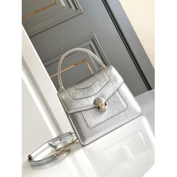 Bvlgari Serpenti Metallic Silver Top Handle Bag With Iconic Motif #A51653