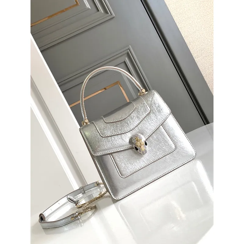 Bvlgari Serpenti Metallic Silver Top Handle Bag With Iconic Motif #A51653