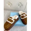 Prada Womens Shearling Lined Mule Slippers Triangle Logo Thick Sole Design for Cozy Luxury Winter Footwear #A57766