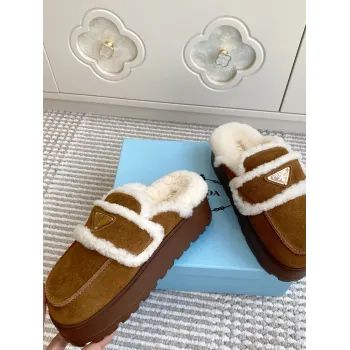 Prada Womens Shearling Lined Mule Slippers Triangle Logo Thick Sole Design for Cozy Luxury Winter Footwear #A57766