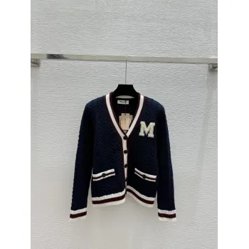 Dark Blue Miu Miu Womens V-Neck Cardigan  Embroidered "M" Logo  Textured Knit Design for Feminine Luxury  #A57759