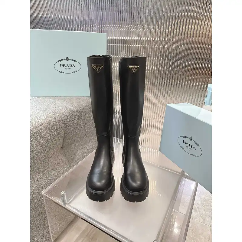 Prada Inspired Black Leather Knee-High Boots With Chunky Platform Sole #A54583