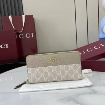 Gucci Zip-Around Wallet with GG Canvas & Beige Leather Trim, Gold Double G Hardware, Stylish & Spacious for Daily Essentials #A56009