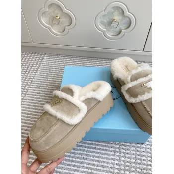 Prada Womens Shearling Lined Mule Slippers Triangle Logo Thick Sole Design for Cozy Luxury Winter Footwear #A57767