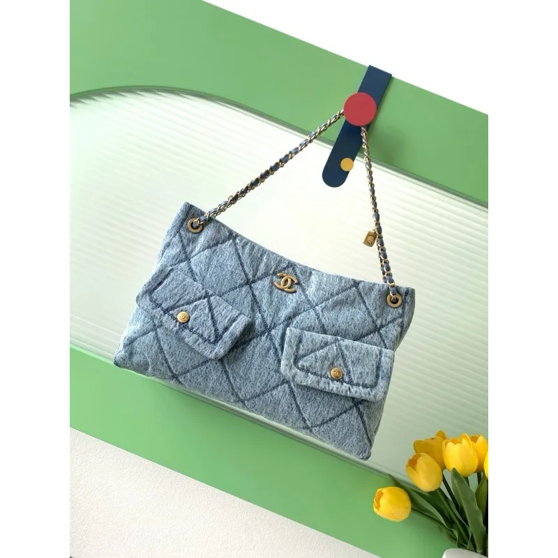 Chanel Womens Denim Shoulder Bag - Quilted Design, Gold-Tone CC Logo & Chain Strap, Stylish Denim Flap Bag with Functional Pockets for Luxury Fashion #A56742