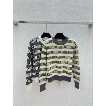 Miu Miu Womens Striped Logo Knit Sweater  Featuring Bold Miu Miu Intarsia Pattern and Comfortable Crew Neckline #A56342