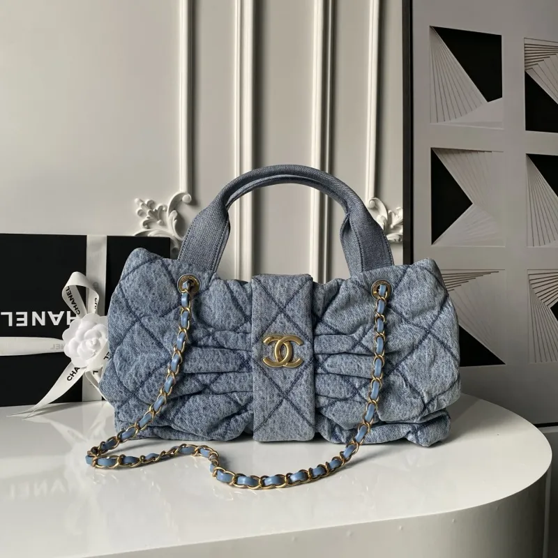 Chanel Womens Denim Handbag - Quilted Design, Blue Denim Fabric, Gold-Tone CC Logo & Chain Strap, Stylish Top-Handle Bag for Luxury Fashion #A56745