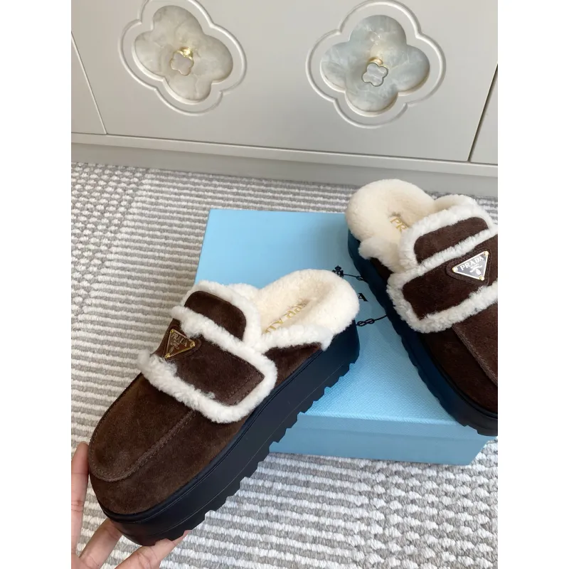 Prada Womens Shearling Lined Mule Slippers Triangle Logo Thick Sole Design for Cozy Luxury Winter Footwear #A57765