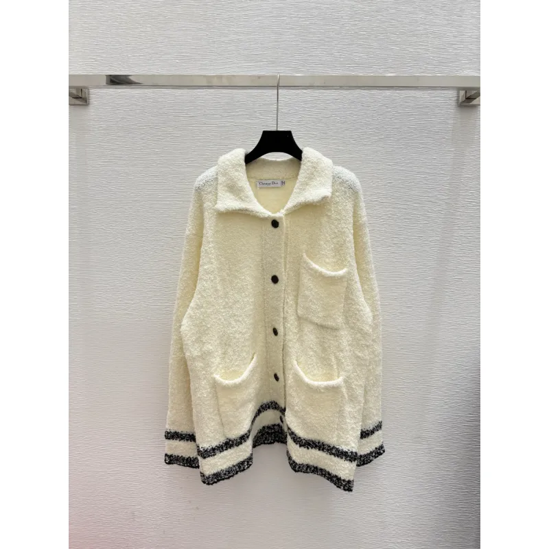 2025 D-ior Womens Wool Cardigan: Chic Collared Style with Functional Pockets and Exquisite Trim Details #A54856