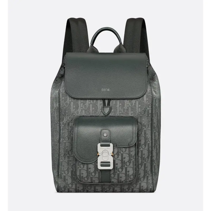 D-ior Mens Grey Oblique Canvas & Grained Leather Backpack - Stylish Luxury for Daily & Travel Use H870 #A57315