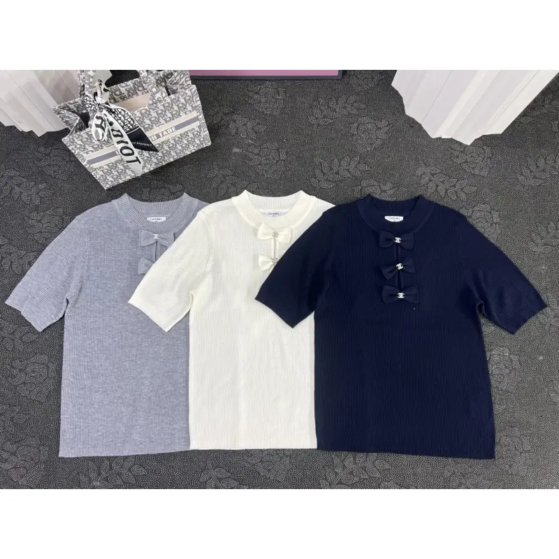 Chanel Monogram Knit Short Sleeve Crew Neck Blouse #A63658