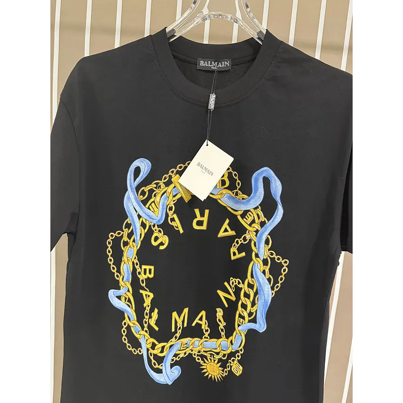 Balmain Paris White/Black T Shirt with Gold Chain and Blue Ribbon Circular Graphic Design for Men #A54257