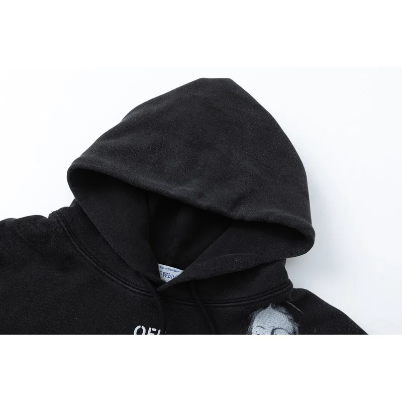 Off - White Washed Black Hoodie With Artistic Religious Print And OFF Logo #A54330