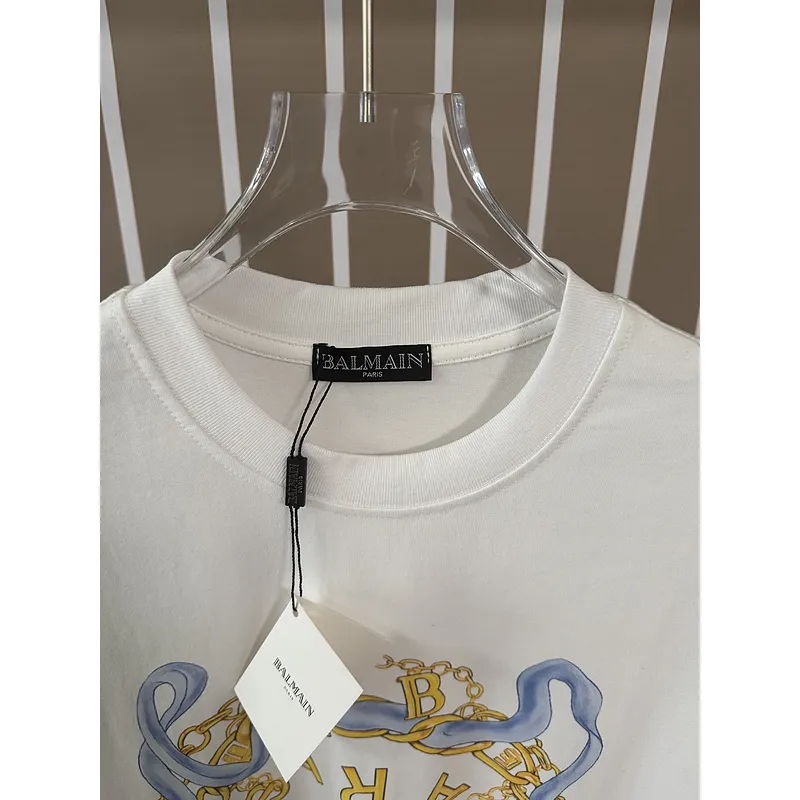 Balmain Paris White/Black T Shirt with Gold Chain and Blue Ribbon Circular Graphic Design for Men #A54257