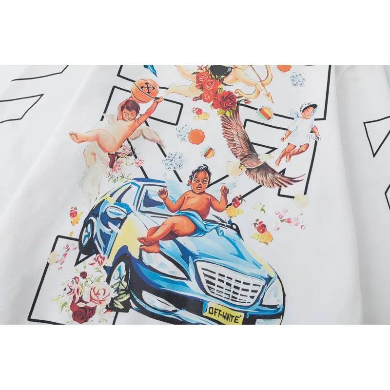 Off-White Hoodie With Artistic Back Print Featuring Cherubs Car And Brand Elements Black/White #A54326