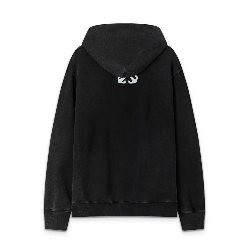 Off - White Washed Black Hoodie With Artistic Religious Print And OFF Logo #A54330
