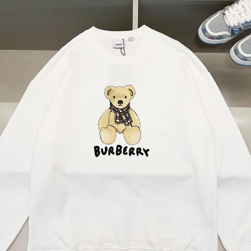 Black/White Sweatshirt With Cute Teddy Bear And Burberry - Inspired Scarf Design #A54392