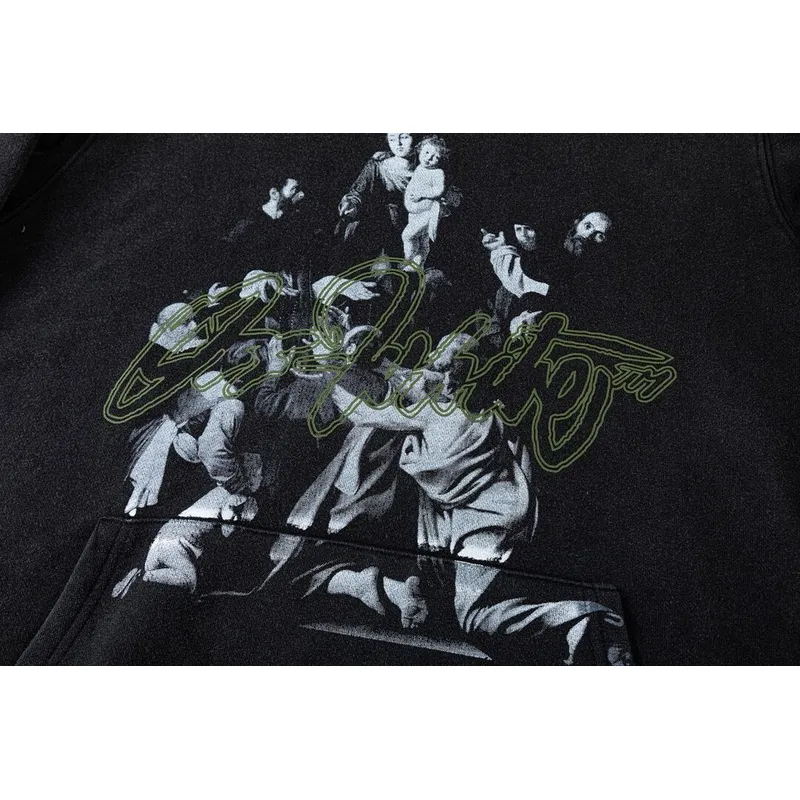 Off - White Black Hoodie With Artistic Graphic Print And Brand Elements #A54247