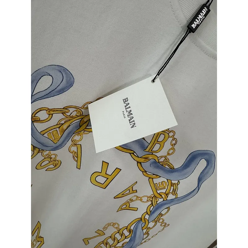 Balmain Paris White/Black T Shirt with Gold Chain and Blue Ribbon Circular Graphic Design for Men #A54257