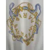 Balmain Paris White/Black T Shirt with Gold Chain and Blue Ribbon Circular Graphic Design for Men #A54257