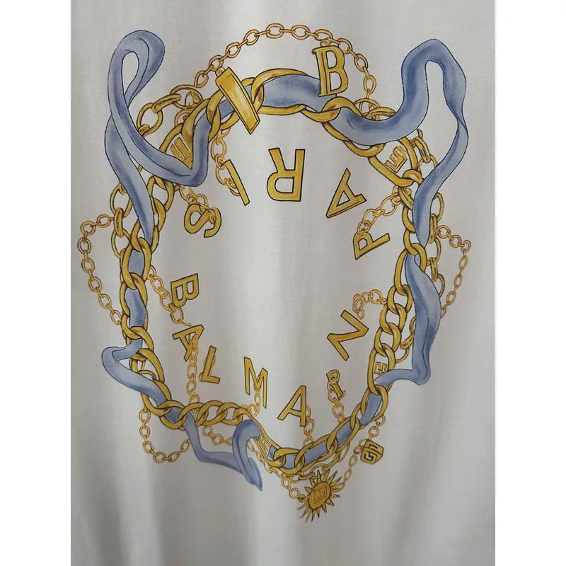Balmain Paris White/Black T Shirt with Gold Chain and Blue Ribbon Circular Graphic Design for Men #A54257