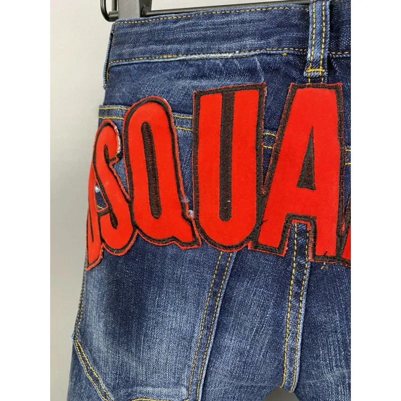 2025 DSQ2 Mens Denim Jeans Bold Red Maple Leaf Print with Faded Wash for Trendy Gentlemen #A54911