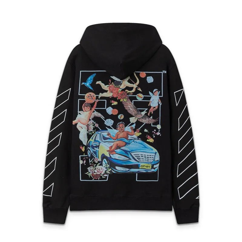 Off-White Hoodie With Artistic Back Print Featuring Cherubs Car And Brand Elements Black/White #A54326