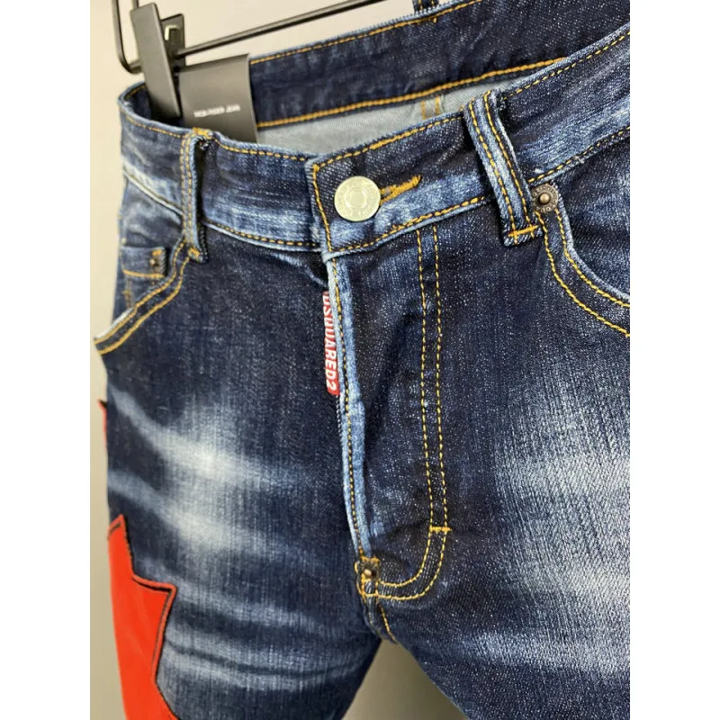 2025 DSQ2 Mens Denim Jeans Bold Red Maple Leaf Print with Faded Wash for Trendy Gentlemen #A54911