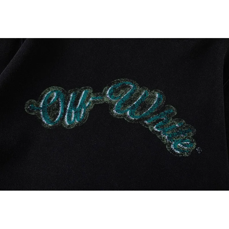 Off-White Black Hoodie with Blue Green Glitter Logo and Front Pocket for Men and Women #A54251