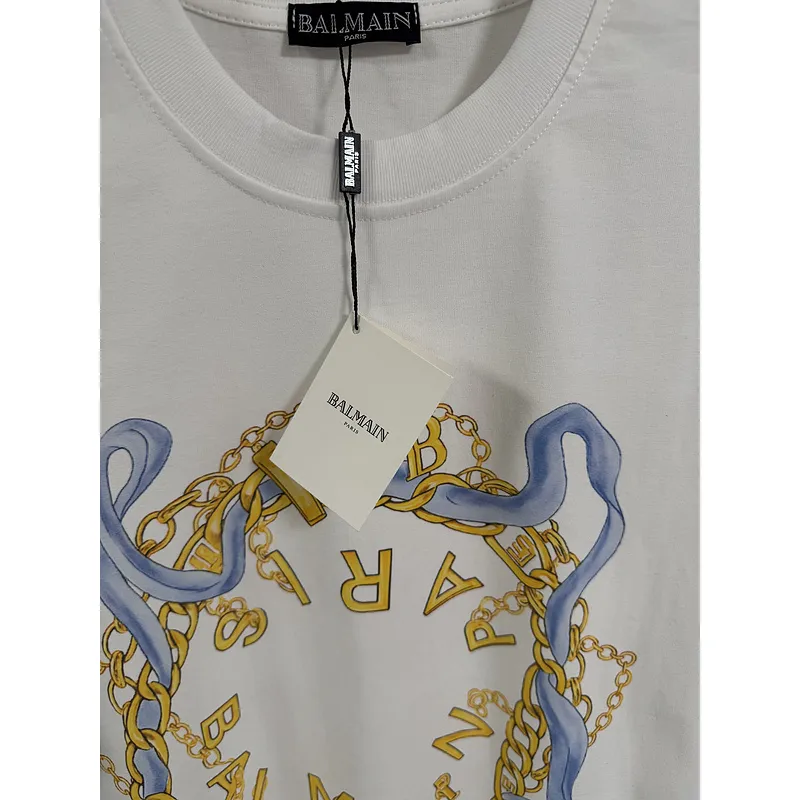 Balmain Paris White/Black T Shirt with Gold Chain and Blue Ribbon Circular Graphic Design for Men #A54257