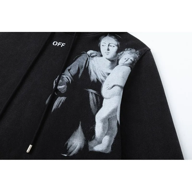 Off - White Washed Black Hoodie With Artistic Religious Print And OFF Logo #A54330