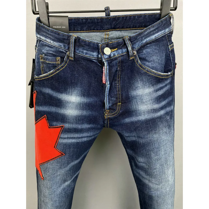 2025 DSQ2 Mens Denim Jeans Bold Red Maple Leaf Print with Faded Wash for Trendy Gentlemen #A54911