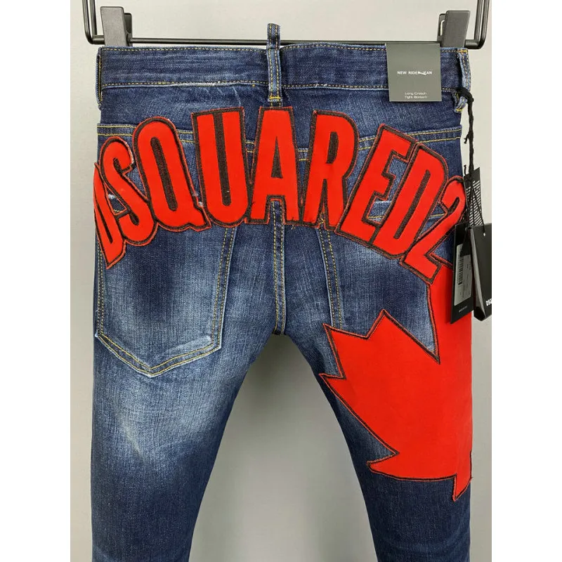 2025 DSQ2 Mens Denim Jeans Bold Red Maple Leaf Print with Faded Wash for Trendy Gentlemen #A54911