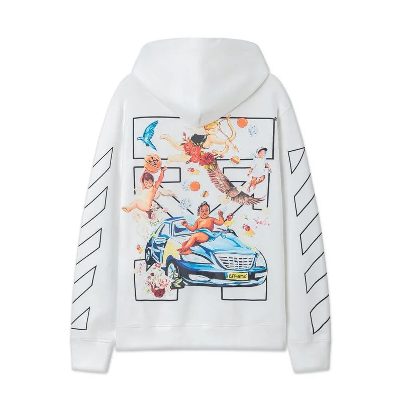 Off-White Hoodie With Artistic Back Print Featuring Cherubs Car And Brand Elements Black/White #A54326