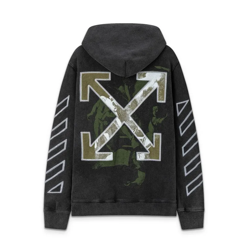 Off - White Washed Black Hoodie With Signature Diagonal Stripes And OFF Logo #A54329 Off - White Washed Black Hoodie With Signature Diagonal Stripes And OFF Logo #A54329