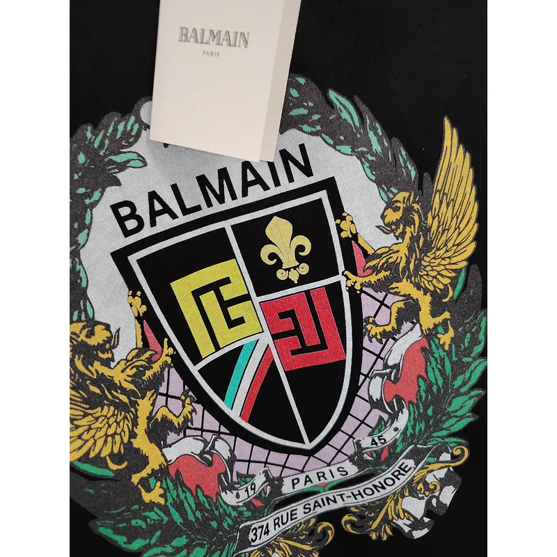 Balmain Paris White/Black T Shirt with Gold Chain and Blue Ribbon Circular Graphic Design for Men #A54258