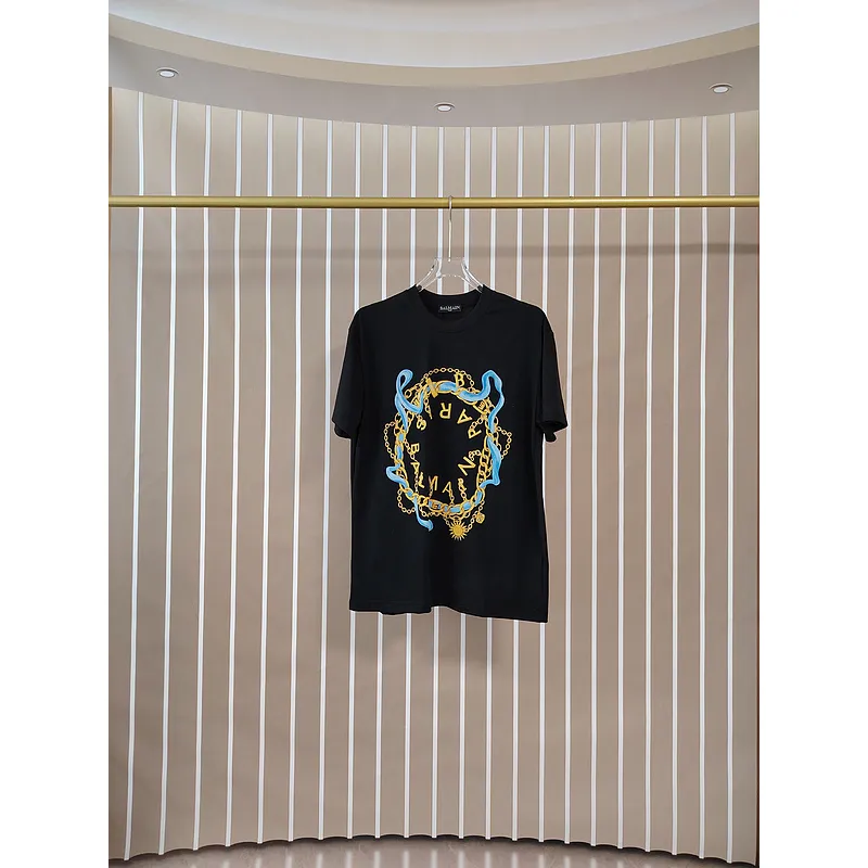 Balmain Paris White/Black T Shirt with Gold Chain and Blue Ribbon Circular Graphic Design for Men #A54257