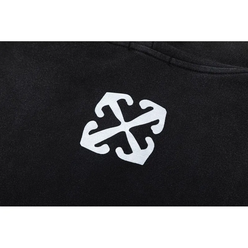 Off - White Washed Black Hoodie With Artistic Religious Print And OFF Logo #A54330