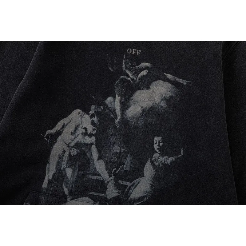 Off - White Black Hoodie With Artistic Graphic Print And Branded Details #A54245