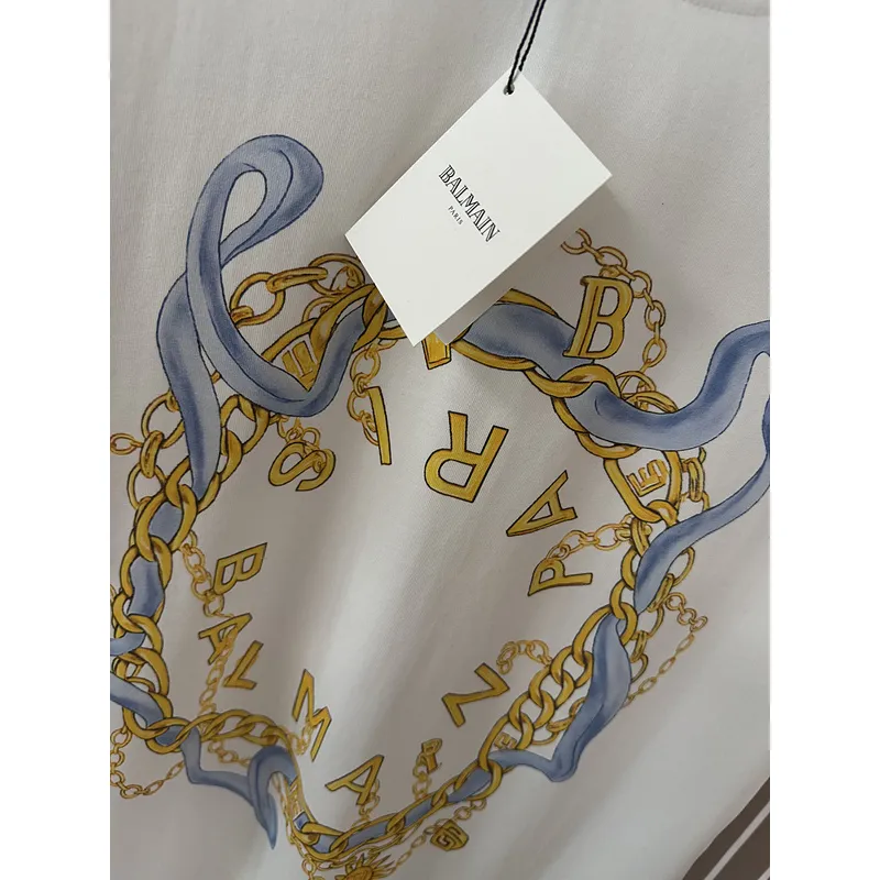 Balmain Paris White/Black T Shirt with Gold Chain and Blue Ribbon Circular Graphic Design for Men #A54257