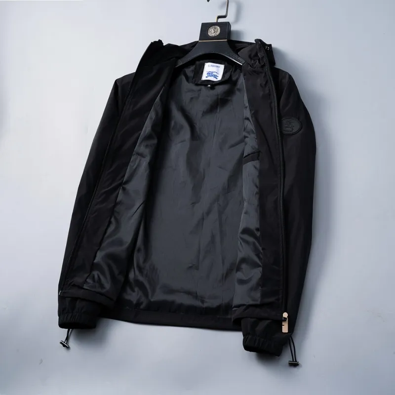 Burberry Mens Black Hooded Windbreaker Jacket with Brand Emblem #A54306