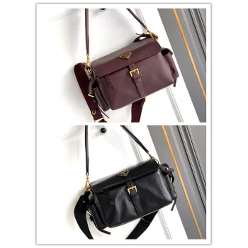 Prada Cahier Messenger Bag (2 Colors) – Burgundy/Black Leather with Gold-Tone Triangle Logo & Buckle Hardware #A59179